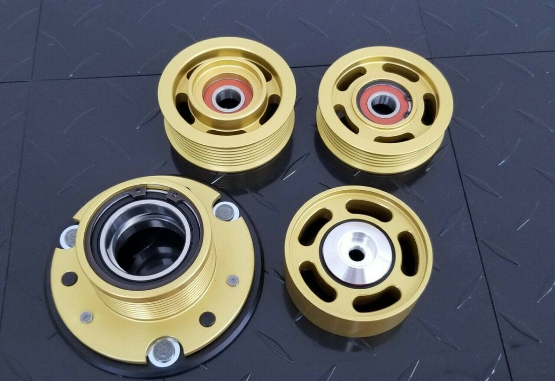 Mercedes AMG M113K UPD Performance 3 pc idler and 77 Supercharger Pulley Set Gold Anodized (2003 -2007)